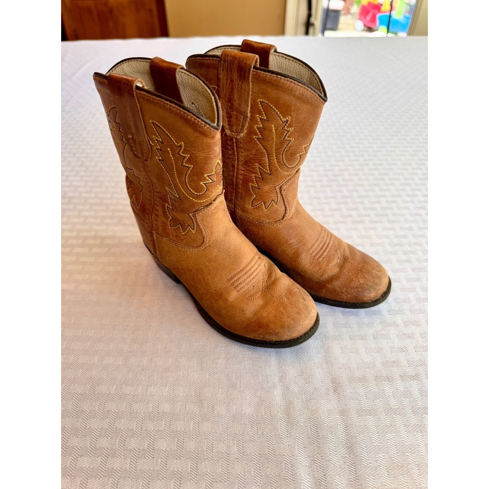 Old West Kids Tan‎ Leather Western Cowboy Boots 3129 Size 8.5 Toddler Brown
